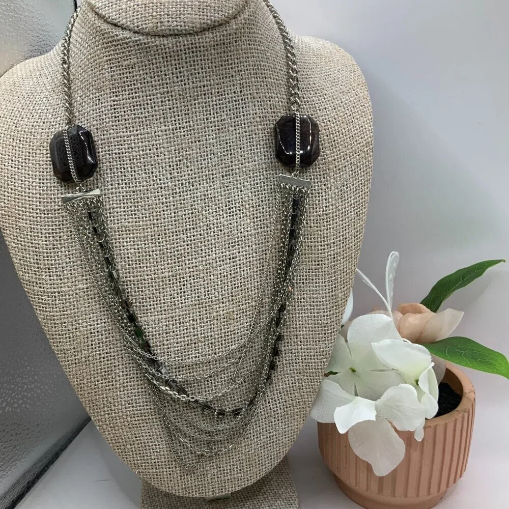 Banana Republic Multi Chains Layered Rhinestone Silver Tone Smokey Necklace - Picture 3 of 6